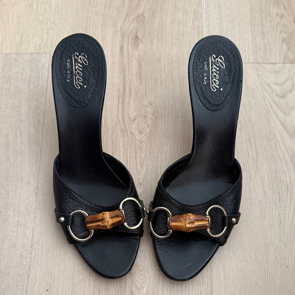 Vintage Gucci Black Bamboo Accent Mules